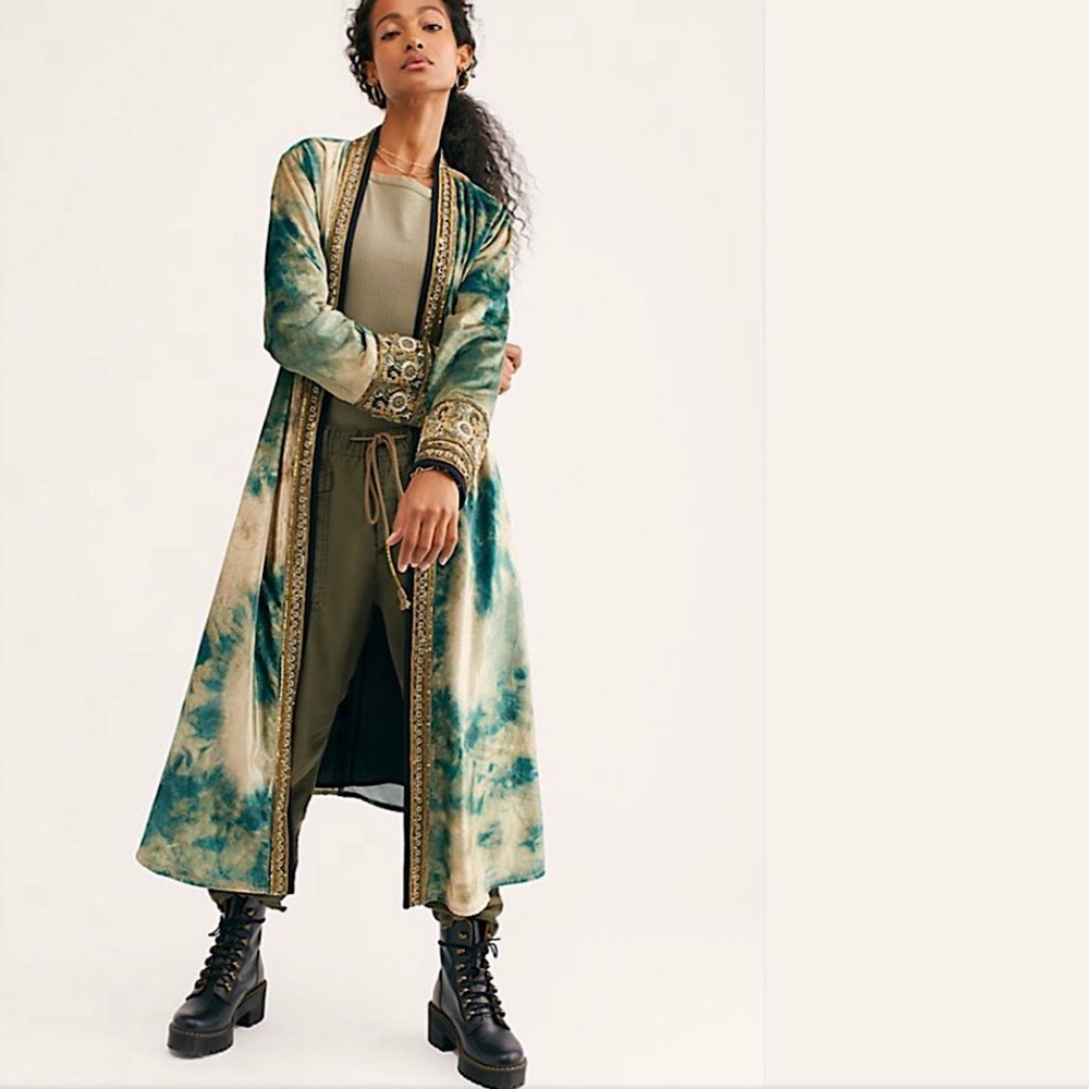 Free People Velvet Duster Kimono Misty Emerald